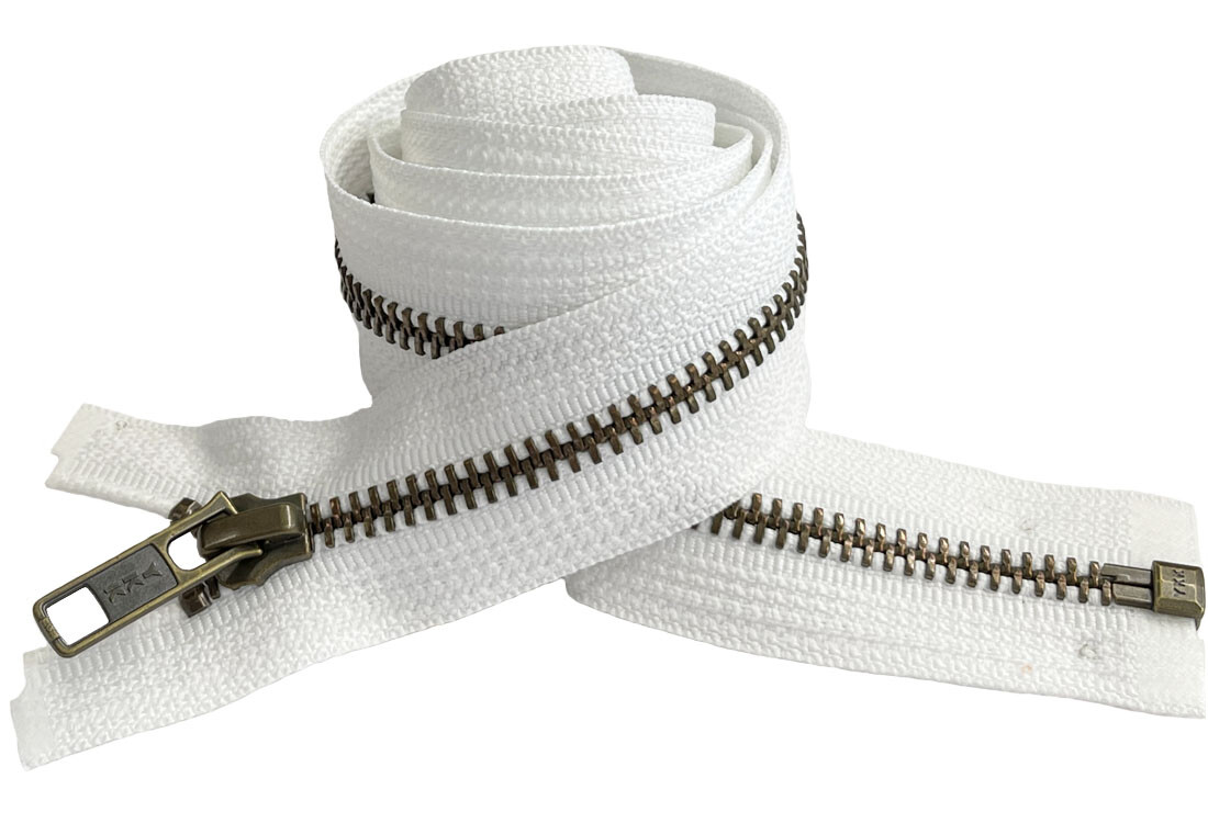 Medium Weight Jacket Zipper YKK #5 Antique Brass Separating Black, White 6″- 48″