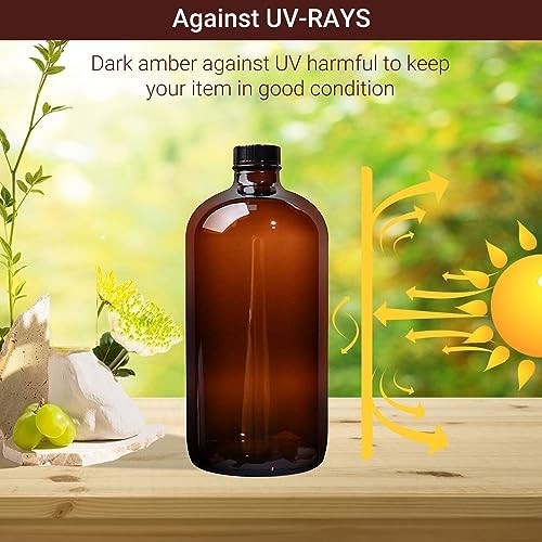 2 Pack 32 oz Amber Glass Boston Bottles,Glass Brewing Bottles for Lab | with Phe