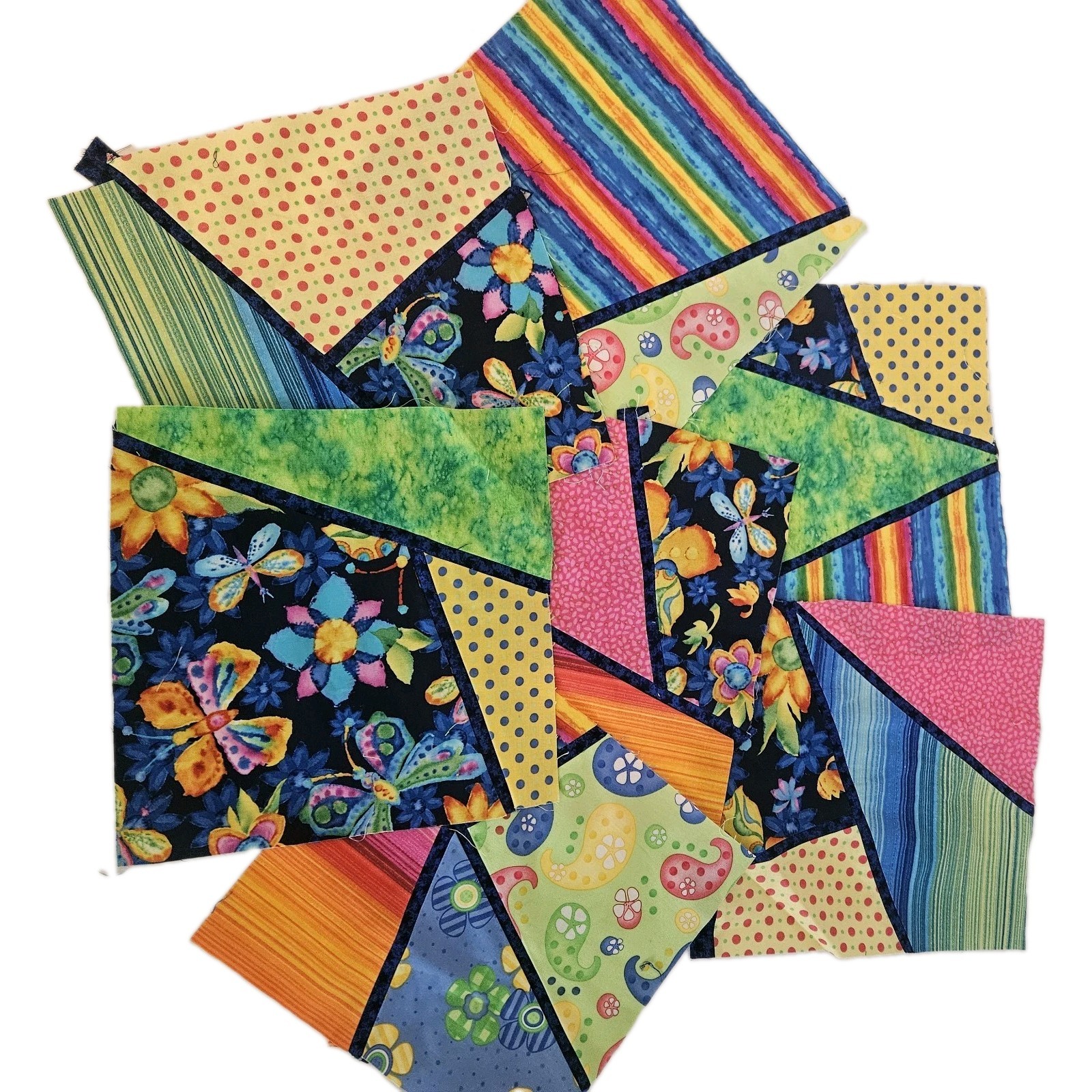 65 VTG Modern Improv Abstract Cotton Quilt Blocks & Pieces Bright Colors 11×11