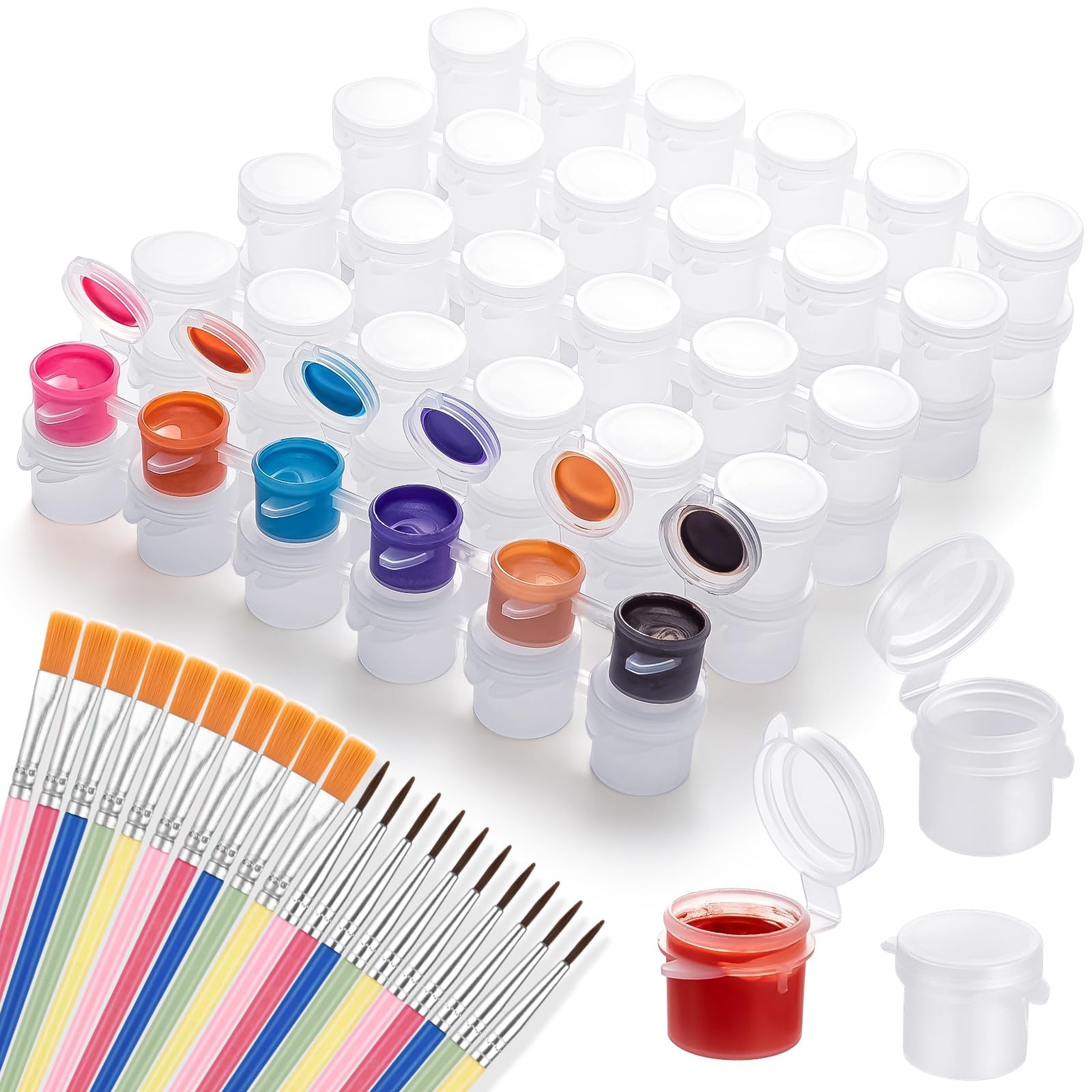 60 PCS Paint Containers Lids Empty Pots 20 Brushes 0.3 Oz Pods Cups Crafts