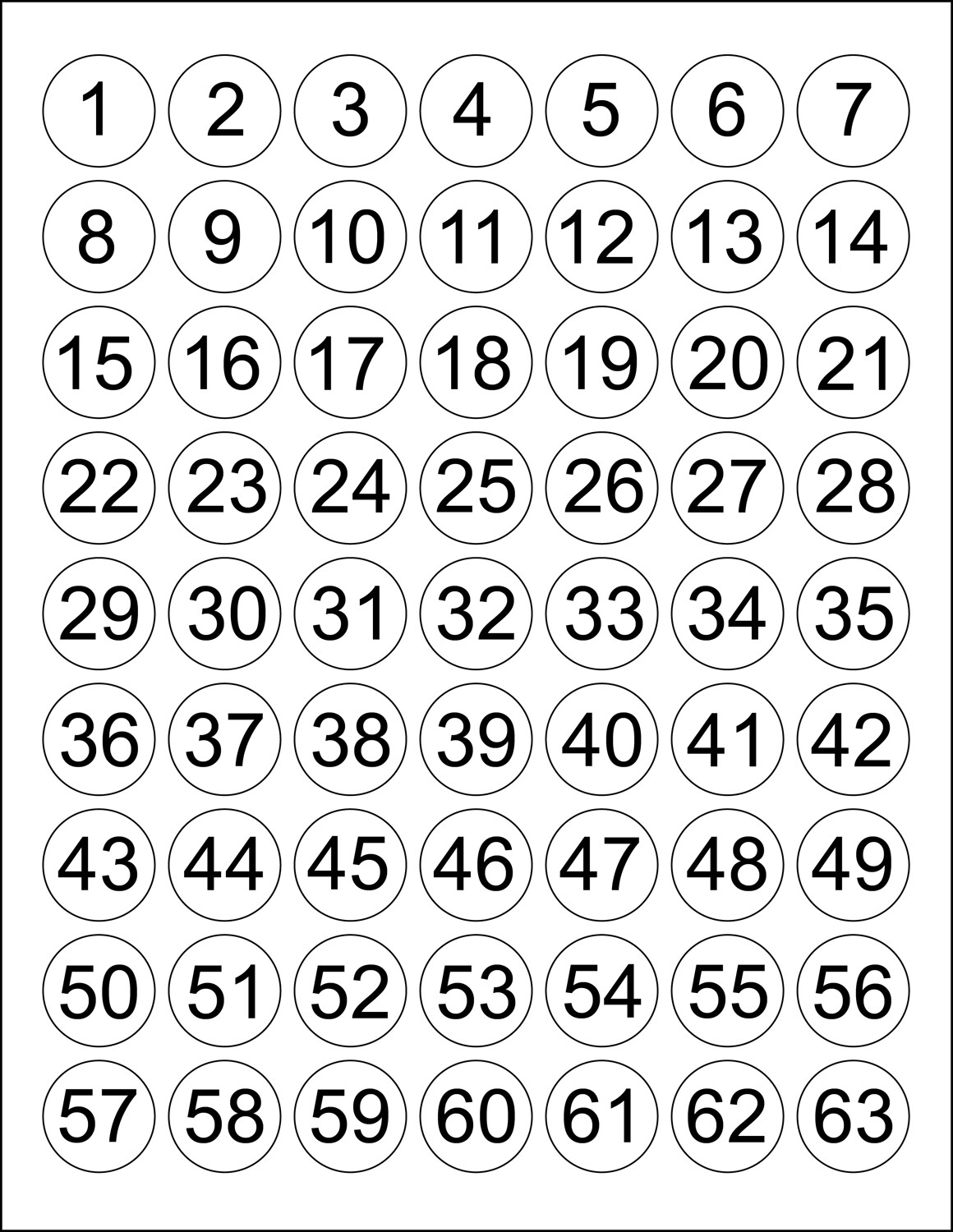 Consecutive Number Stickers 1-63 or 64-126 Sequential 1″ Round Circle Labels