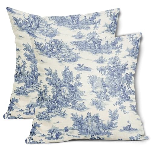 Blue Toile Pillow Covers 18×18 Inch 18″ x 18″ (Pack of 2) French Country Blue