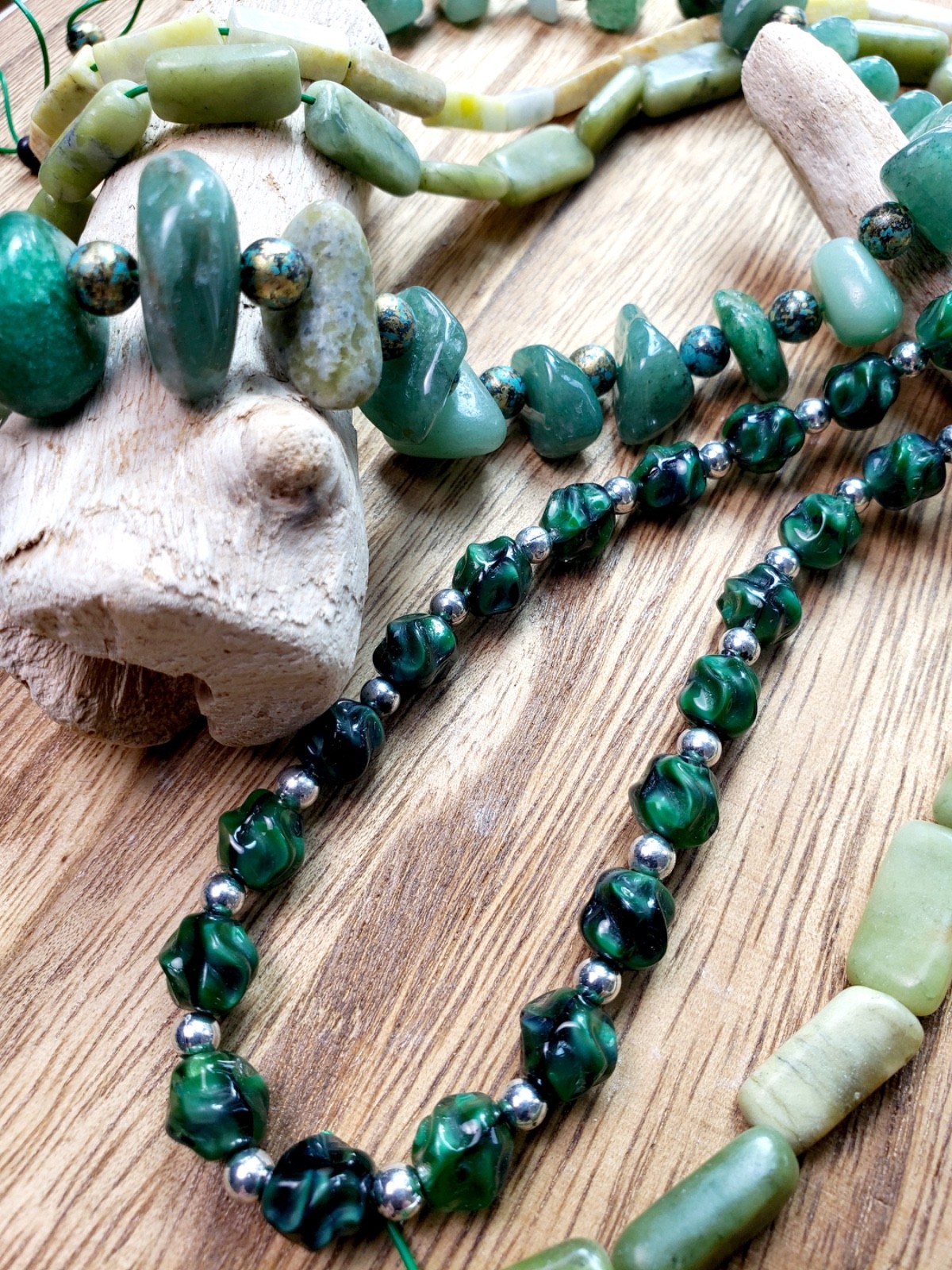 natural stone & glass beads, green hues, 15″ strands x4, jewelry, craft, hobby