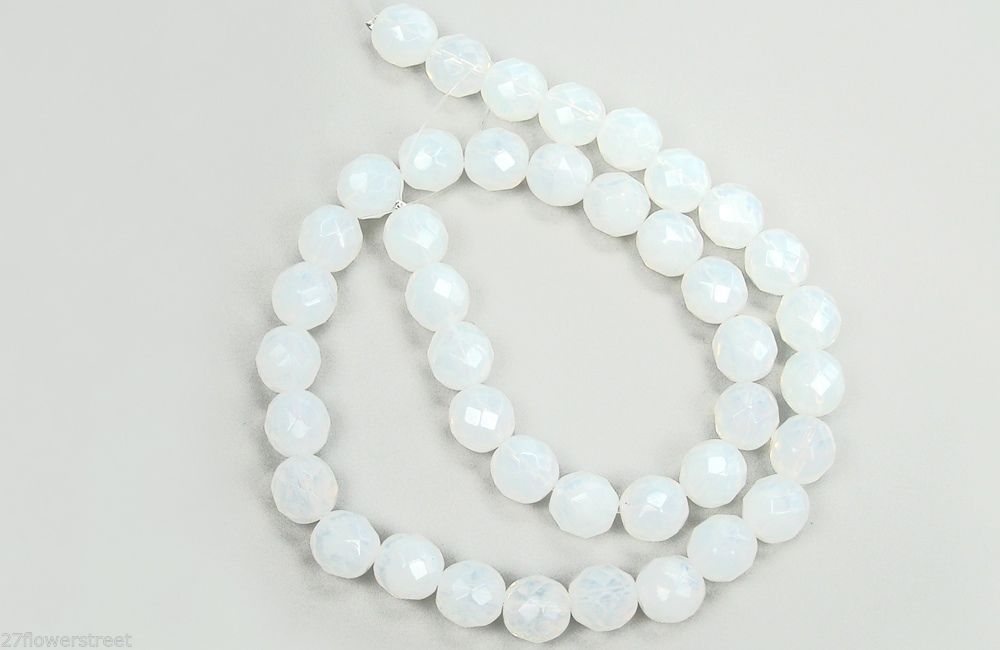 Czech Fire Polished Round Faceted Glass Beads in White Opal color, 16″ strand
