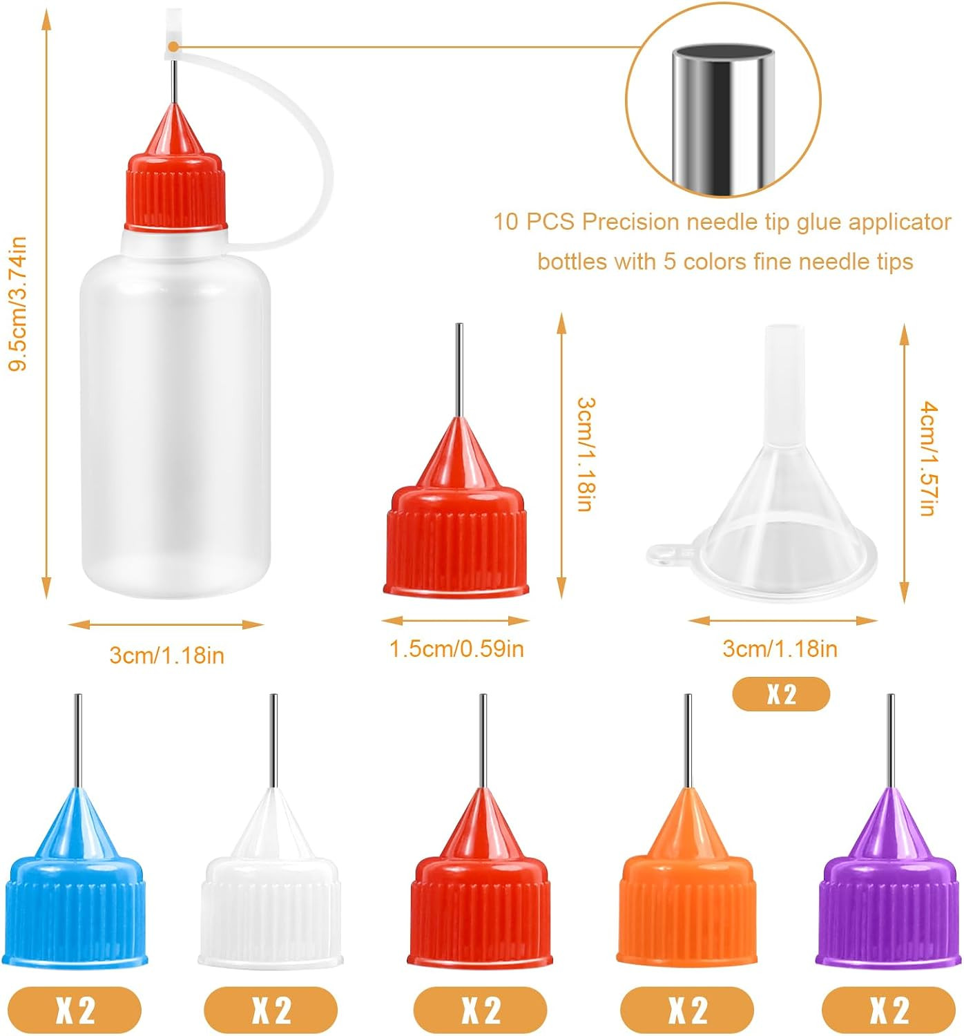 10 PCS Precision Needle Tip Glue Bottles with 2 Mini Funnels, 30ML/1 OZ