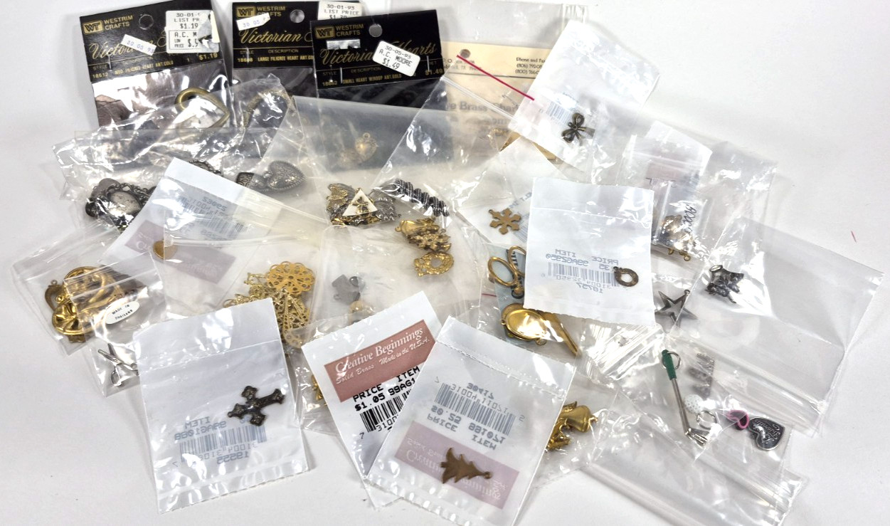 Lot of 100+ Pcs of Brass & Metal Cross Stitch & Jewelry Charms Filagree Findings