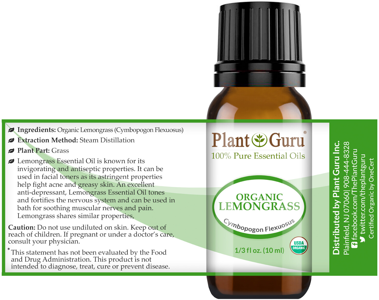 Organic Lemongrass Essential Oil 10ml USDA Certified Therapeutic Grade 100% Pure