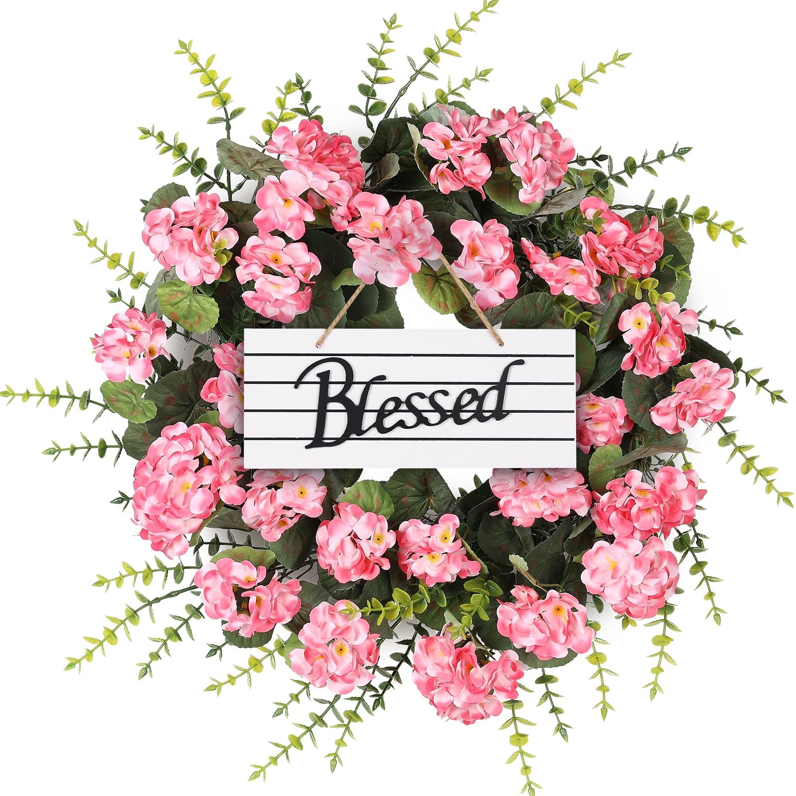 Kuimen Pink Artificial Geranium Wreath 22 Inch Spring Summer Wreaths For Front
