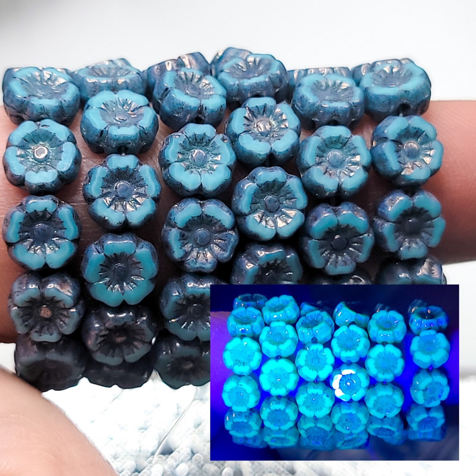 Hibiscus Uranium Glass Beads 7mm Blue Silver Wash Pressed Glass 12pcs