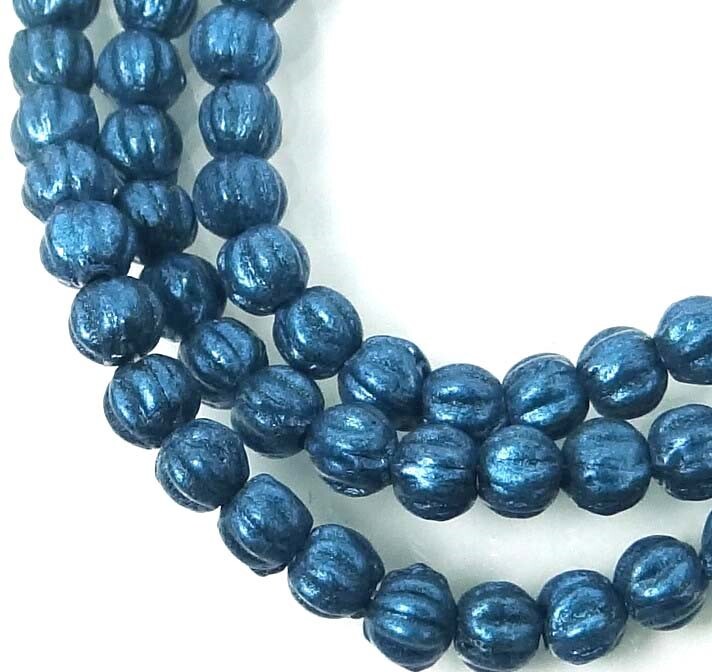 50 Czech Glass Melon Round Beads 5mm – Metallic Suede – Blue