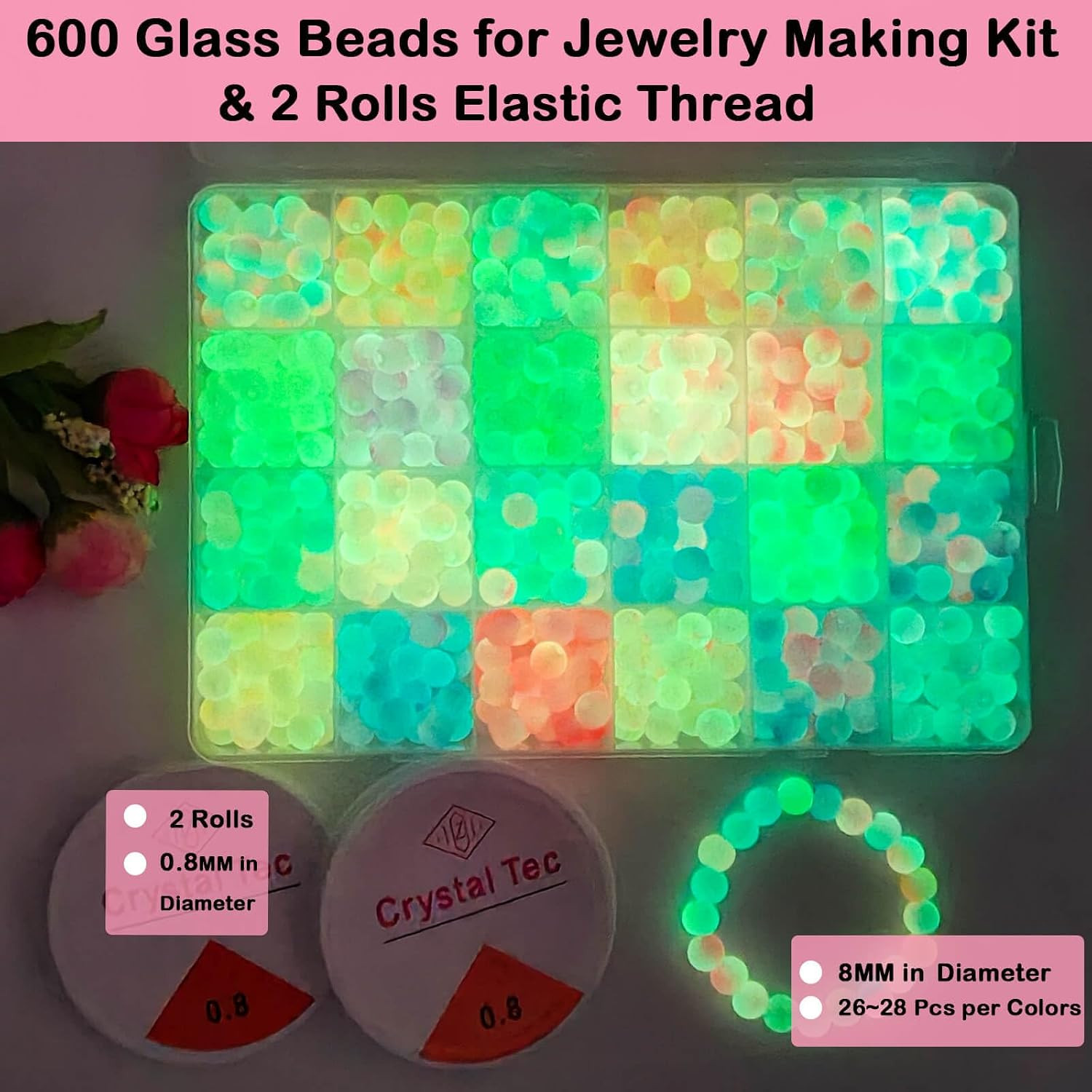 Glow in the Dark Glass Beads for Jewelry Making, 600Pcs 8MM 24 Grids Crystal Gem