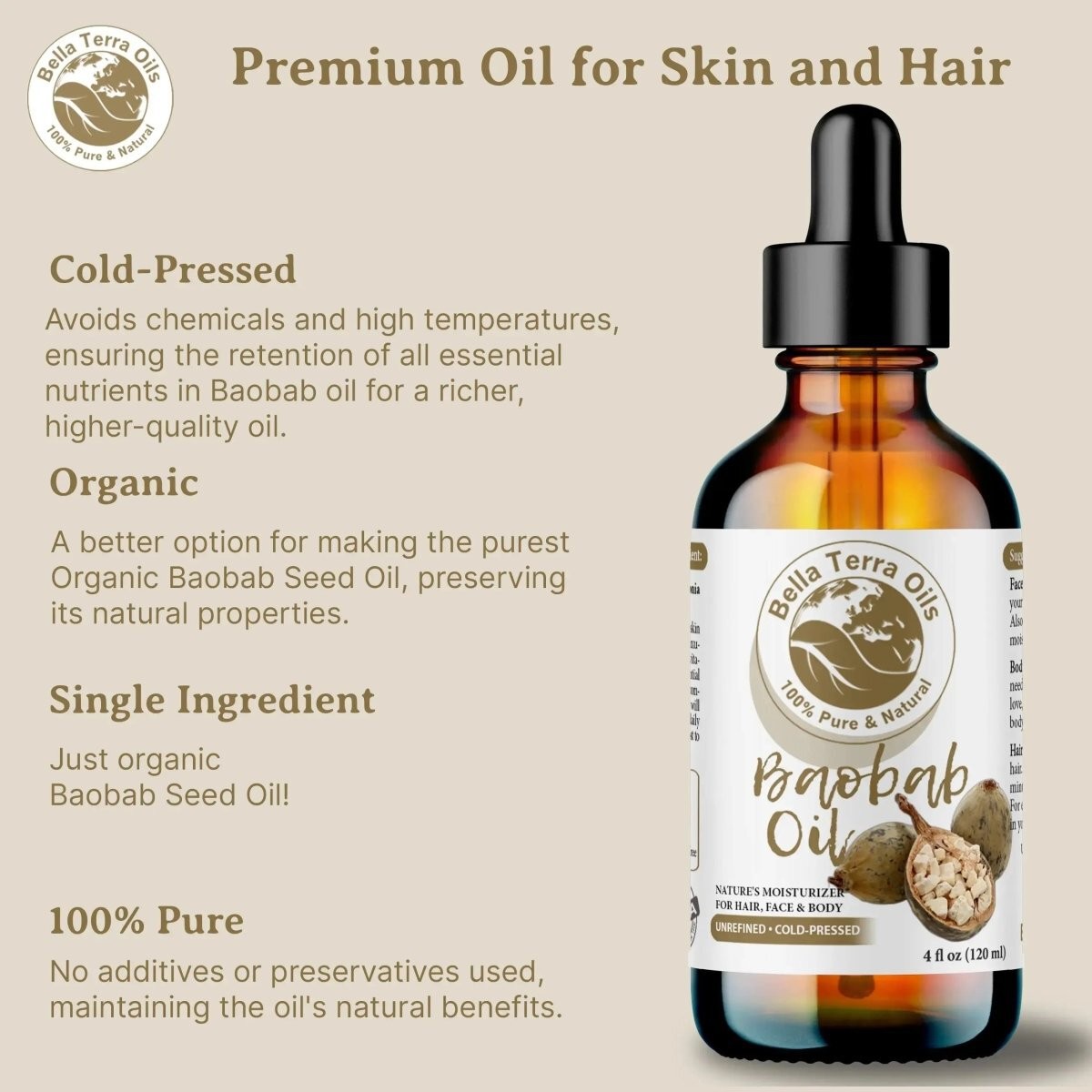 Organic Cold-Pressed Baobab Oil 100% Pure Skin Hair Face Nails Treatment