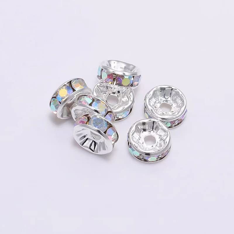 200Pcs 8mm Rondelle Spacer Beads Silver Plated AB Color Crystal Rhinestone for J