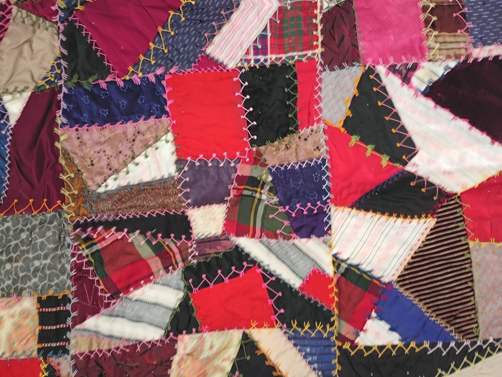 Crazy Quilt Throw Art Heirloom Fabric Abstract Embroidery Skillfully Made