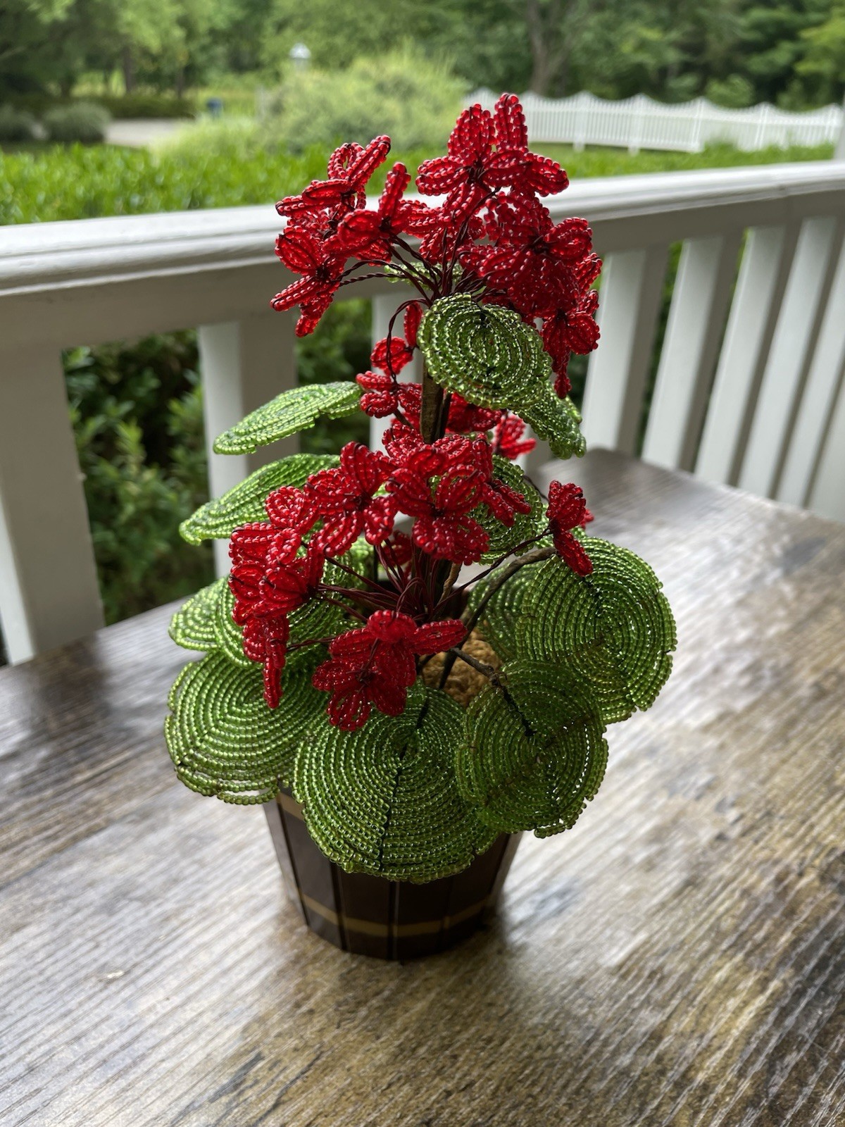 Vintage French Glass Seed Beaded Flowers Red Geranium Beaded Potted Arrangement