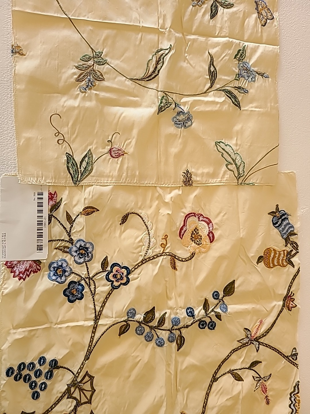 Designer Fabric Silk Samples Floral Butterfly Embroidered Cream Green Rose India