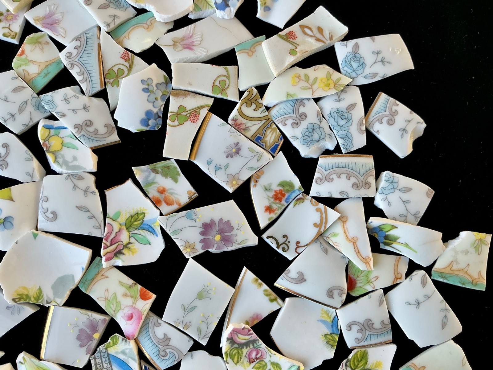 Broken China Mosaic Tiles Multicolored Pastel Florals Blue Trim 90+ Pieces SetN