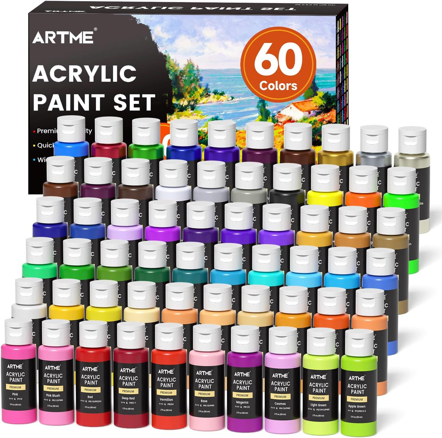 Artme Acrylic Paint Set, 60 Colors in 2Oz/60Ml Bottles, Non Toxic, Waterproof, R