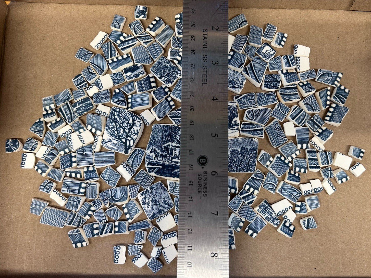 Broken China Hand Cut Plate TUMBLED Mosaic BLUE Currier & Ives