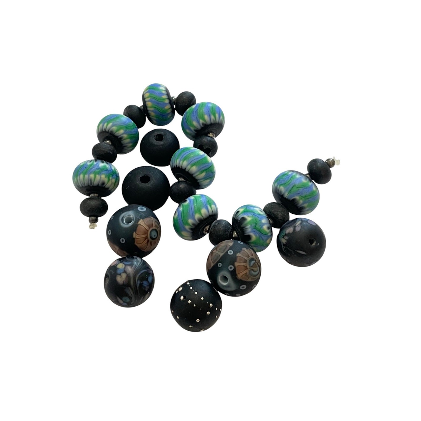 Handmade Lampwork Black Blue Multicolor Abstract Etched Matte Glass Bead Set