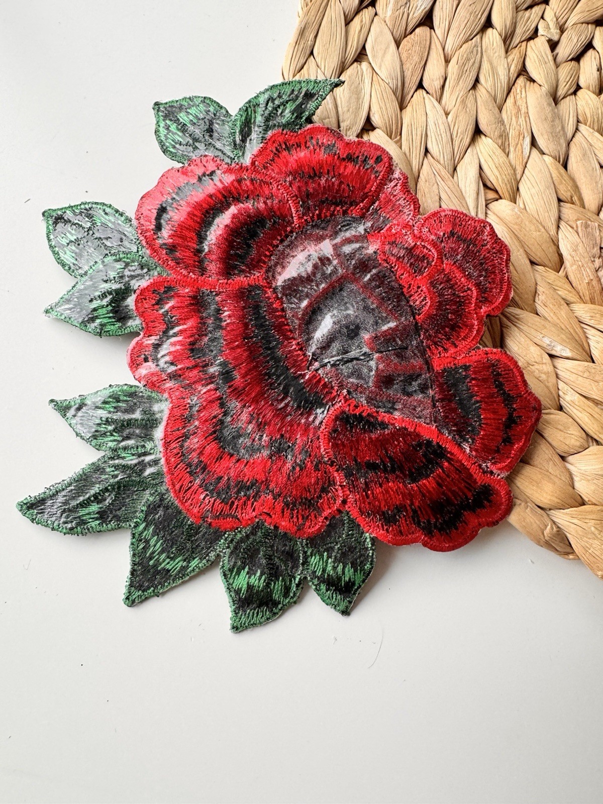 3D Red and Green Applique (1 Piece), Big Rose Glue on Patch Embroidered 6” X 5”