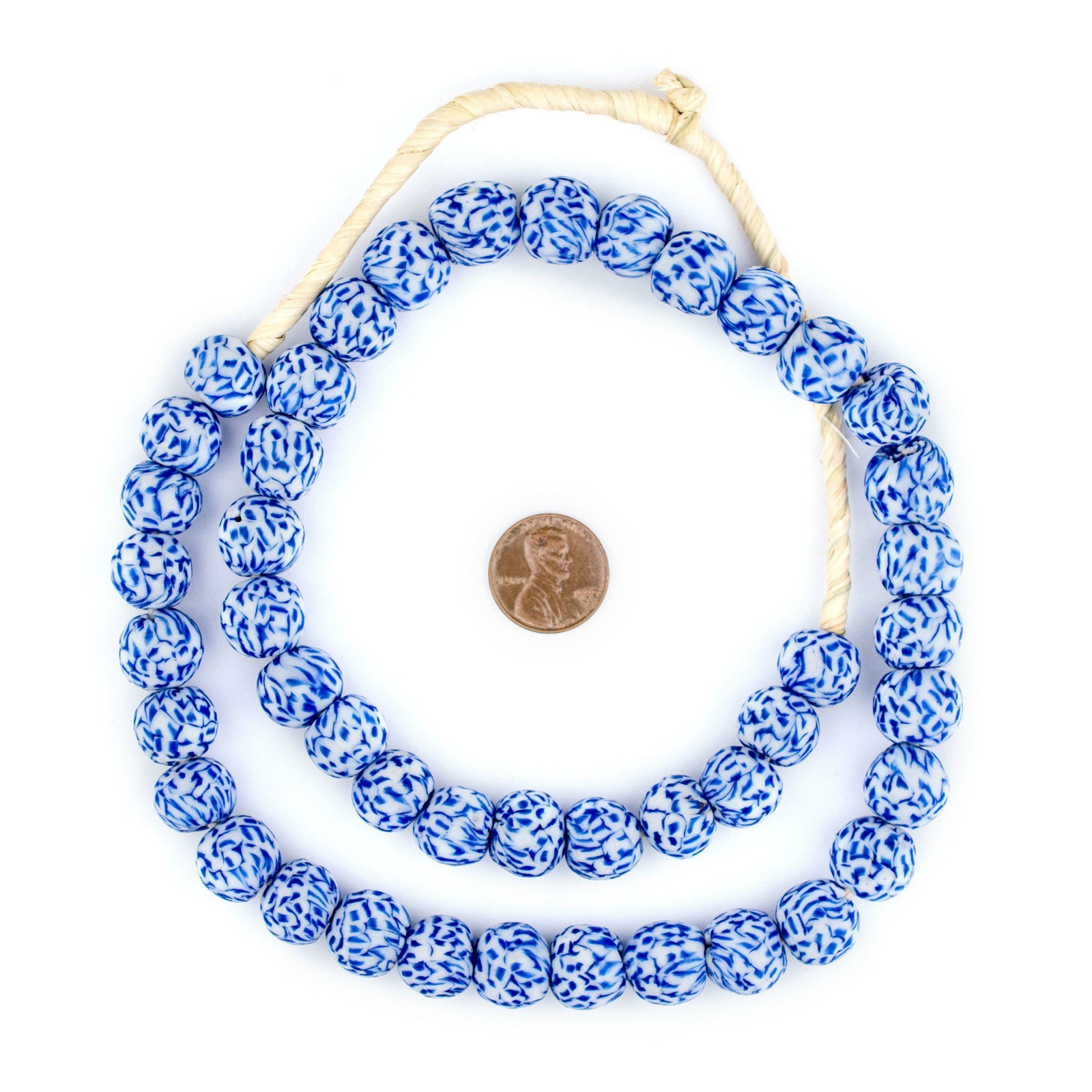 Blue & White Fused Recycled Glass Beads 14mm Ghana African Round Large Hole