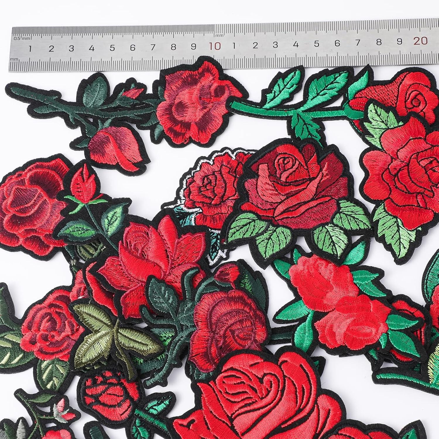 25pcs Assorted Sizes Iron on Rose Patches, Red Floral Embroidered Patches Appliq