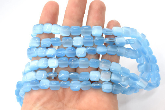 Aqua Blue Cat’s Eye Fiber Optic Glass 6x6mm Puffed Square Beads 1 Strand(65pcs)