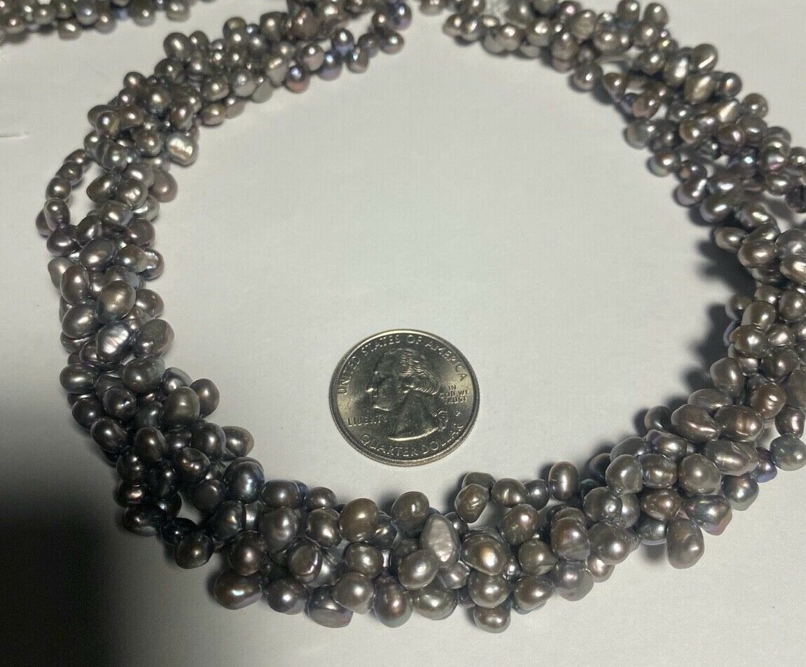 Four (4) Strands Platinum Grey 16″ Strand Top Drill Fresh Water Pearl 7X5 mm!!!