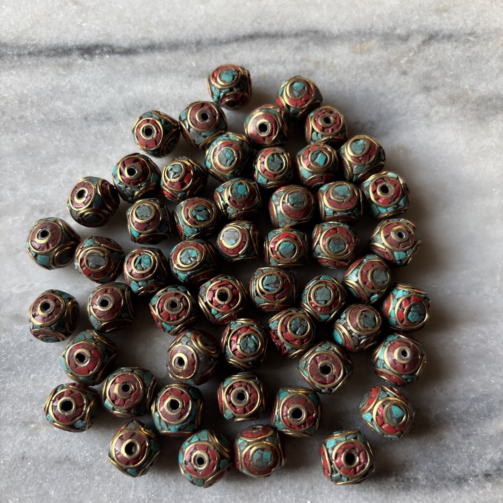 5pcs Beads Tibetan Brass Coral Turquoise Beads 12mm CC61