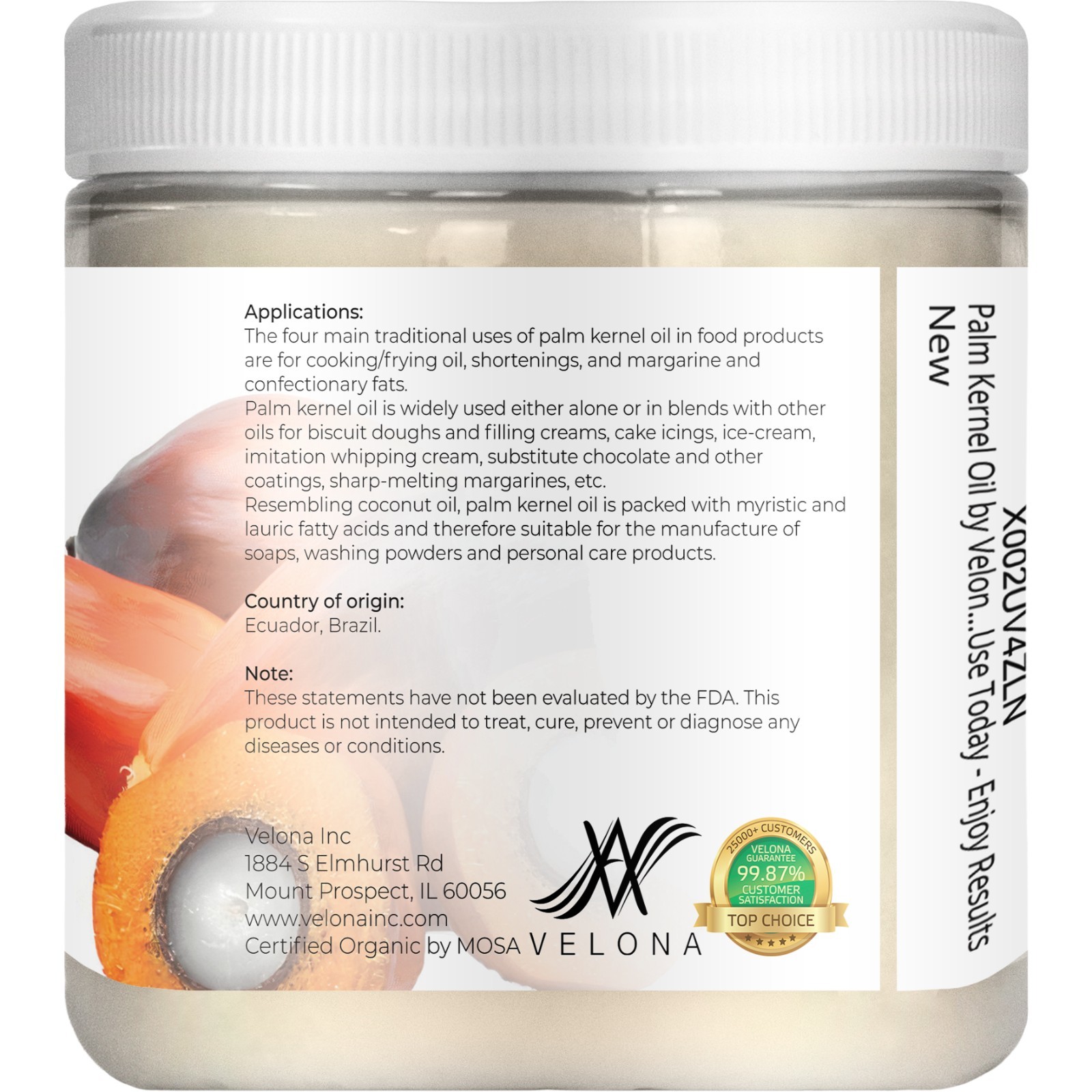 Velona USDA Certified Organic Palm Kernel Oil 8 oz Refined, Cold Pressed | Face
