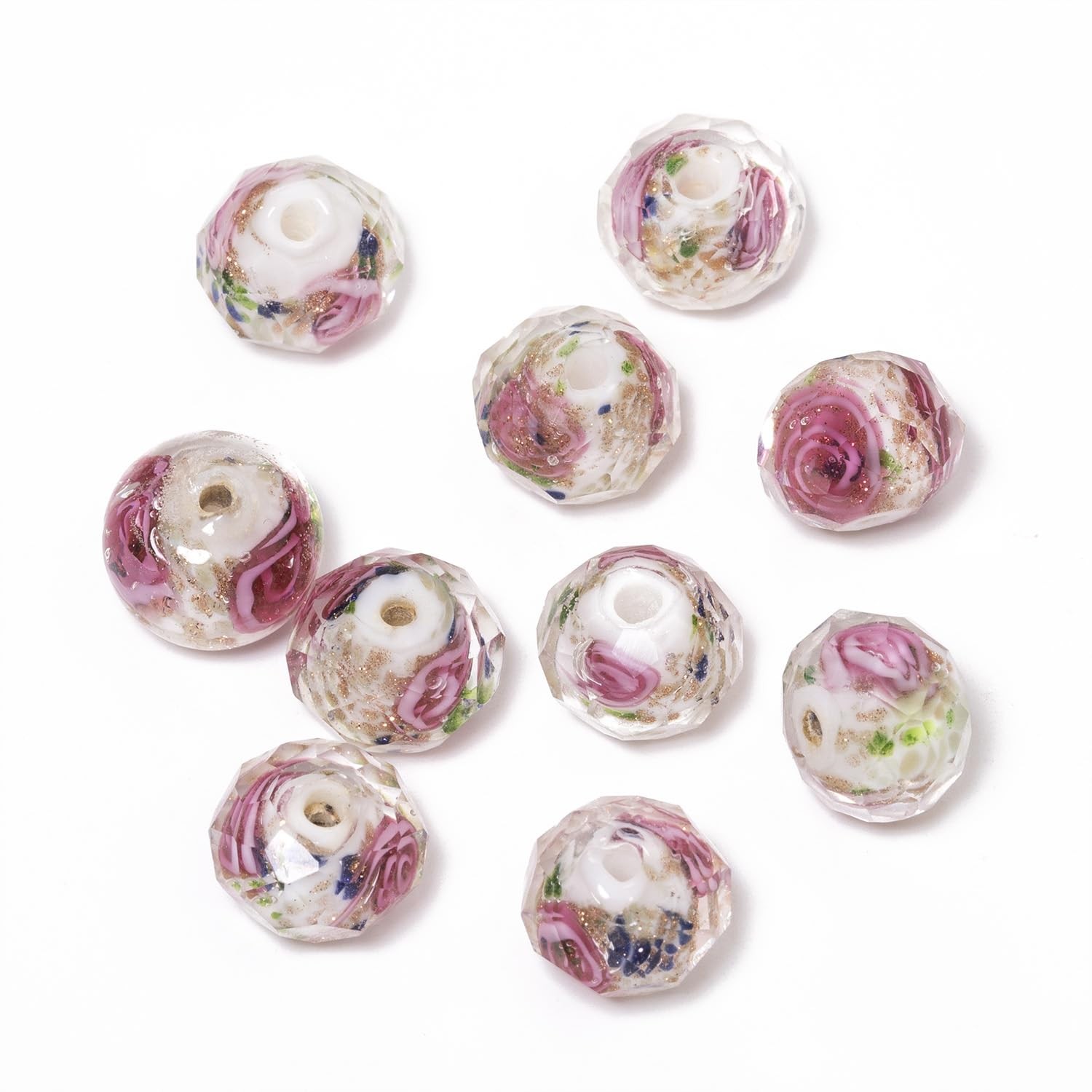 50pcs 8~10mm Rose Lampwork Bead with Blue Spots, Handmade Faceted Pink Murano…