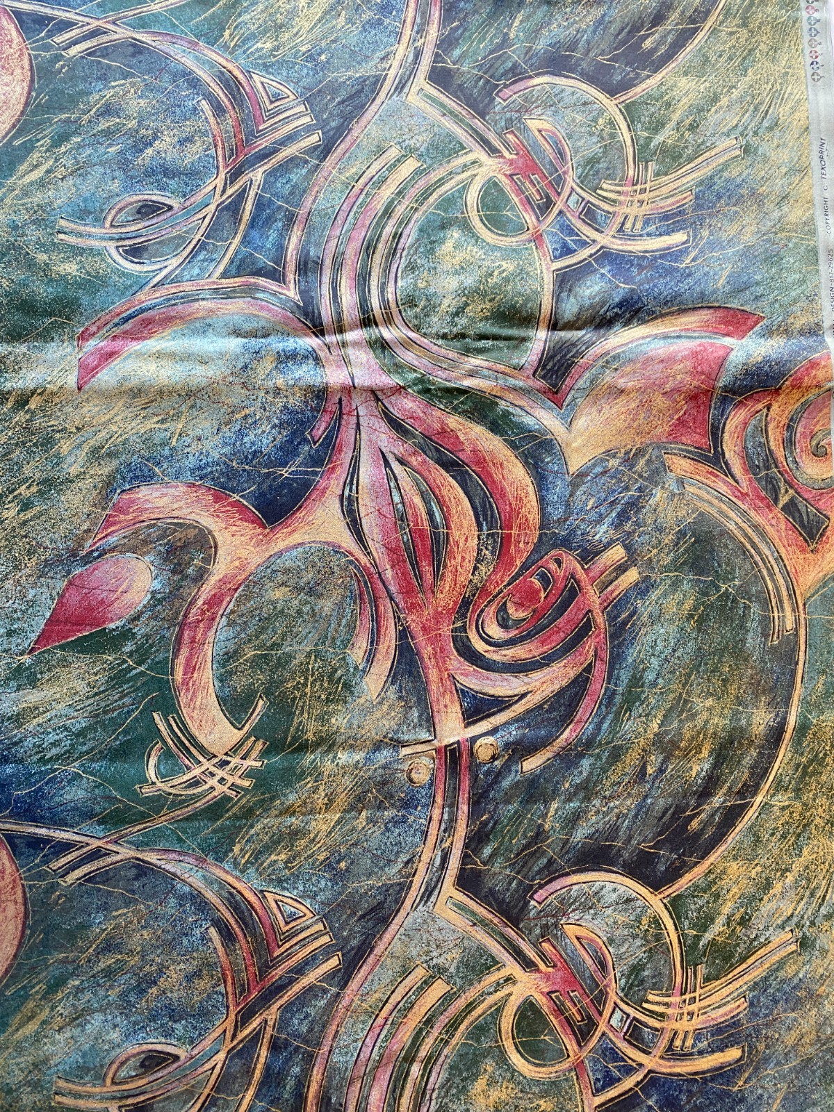 TEXOPRINT FABRIC~Scotchgard~UPHOLSTERY~Abstract Modern Swirls~GOLD~Green Maroon~