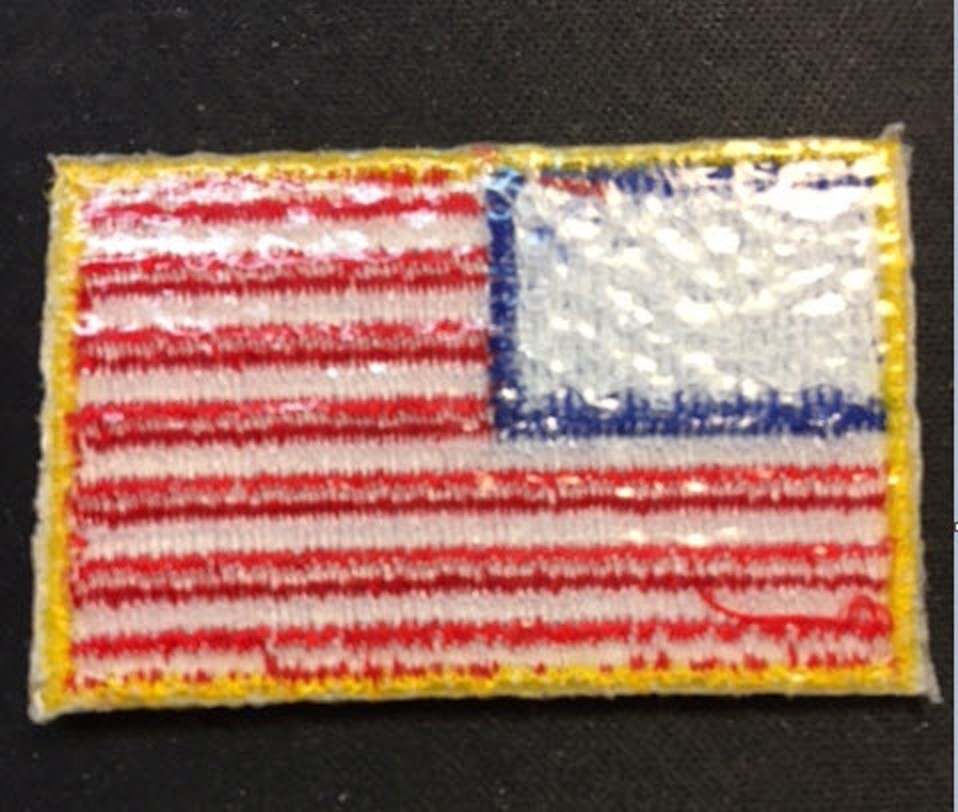 SMALL USA AMERICAN FLAG EMBROIDERED PATCH IRON-ON SEW-ON GOLD BORDER 1¾” x 1⅛”