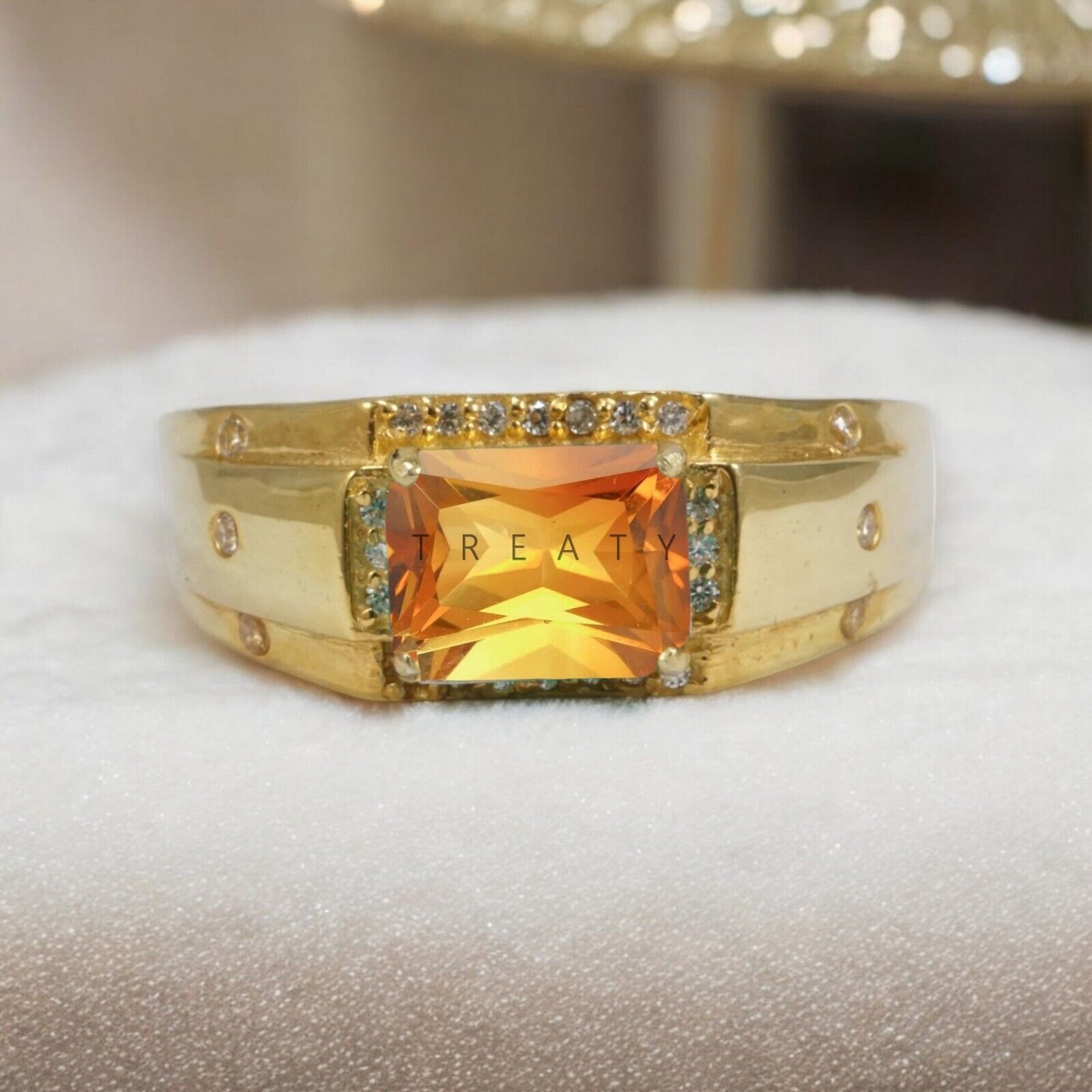 Citrine Emerald Cut With 14k Yellow Gold Ring For Men’s #873 #