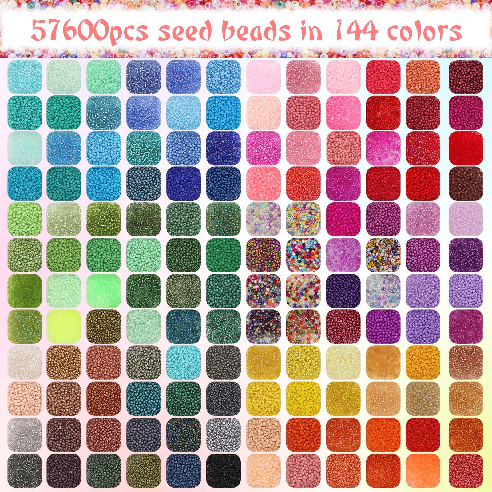 57600pcs 2mm Glass Seed Beads Kit 144 Colors Jewelry Making Set Needles String