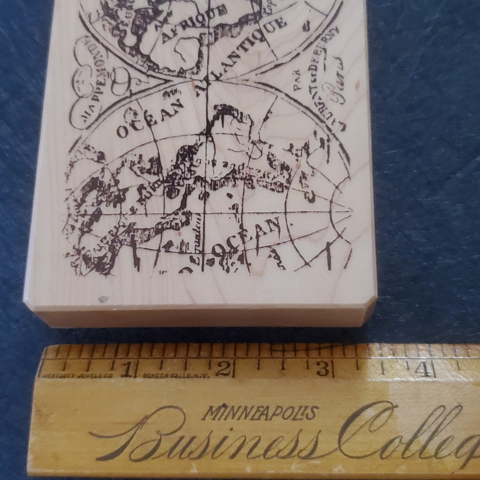 Atlas World Map Globe French Language Atlantic Ocean Africa Wood Rubber Stamp