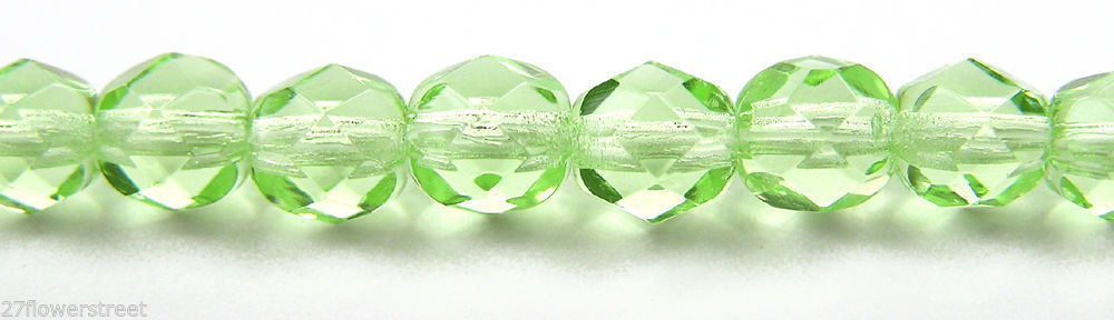 Czech Fire Polished Round Faceted Beads in Chrysolite color, 16” strand,lt.green