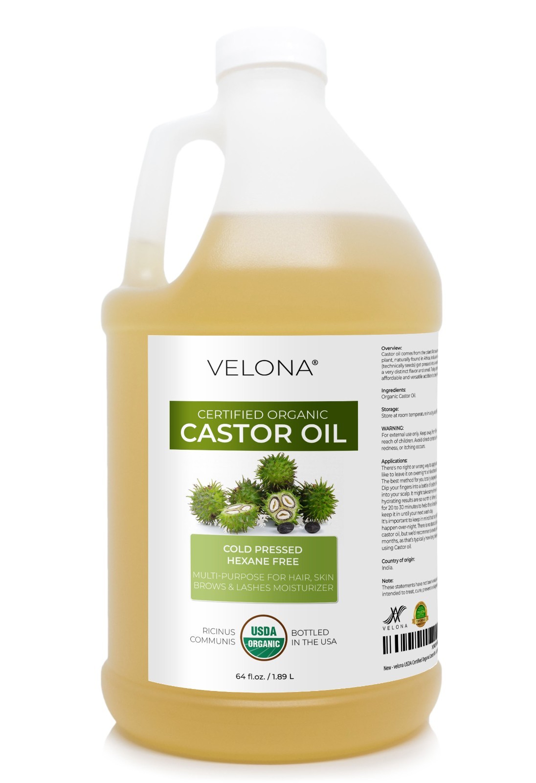 Velona USDA Certified Organic Castor Oil 2oz-7lb Eyelashes Eyebrows Cold Pressed