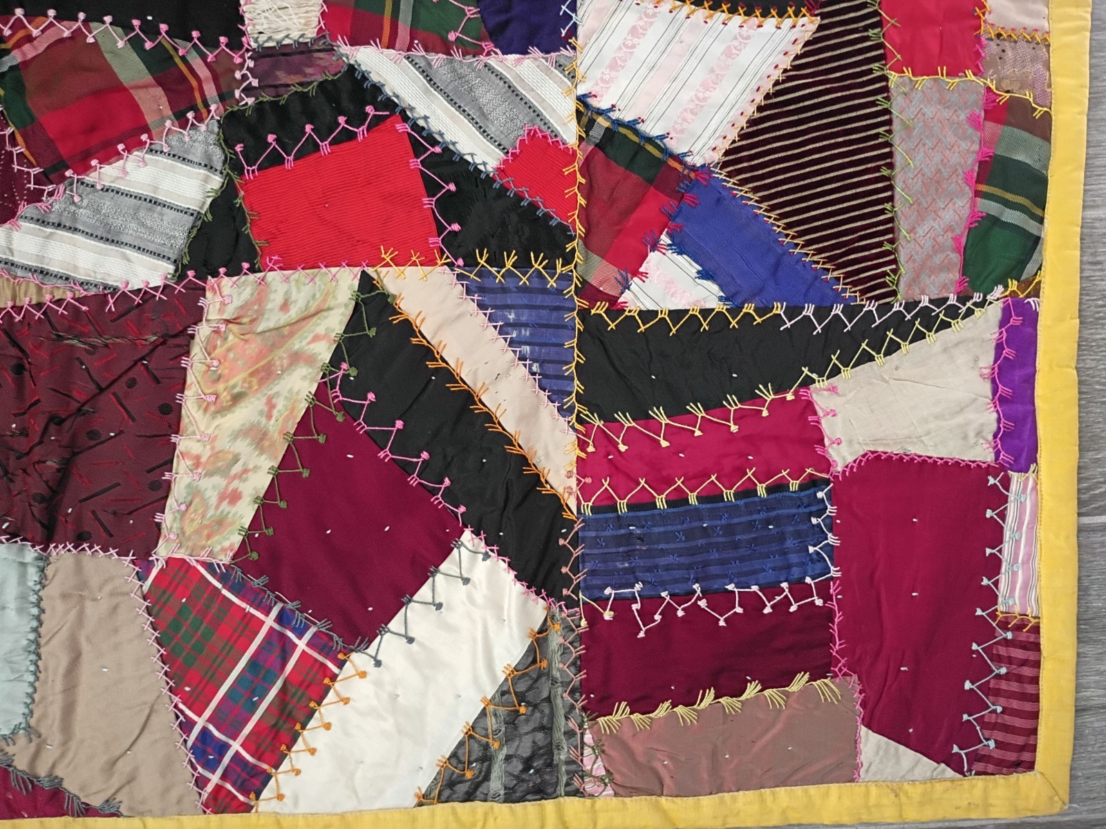 Crazy Quilt Throw Art Heirloom Fabric Abstract Embroidery Skillfully Made
