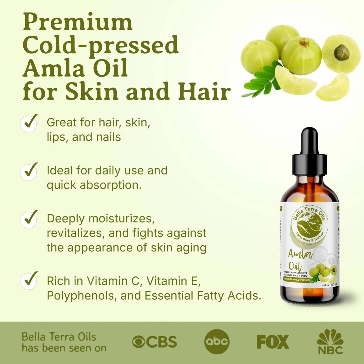 Organic Cold-Pressed Indian Amla Oil 100% Pure Hair Skin Nails Face