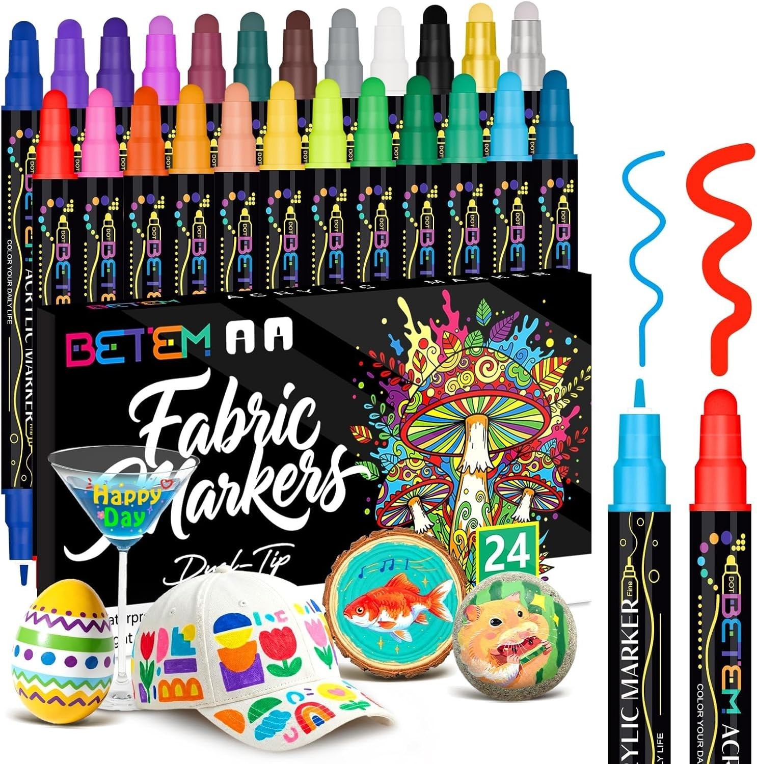 24 Colors Dual Tip Acrylic Paint Markers, Fabric Decorating Kits Water-Based…