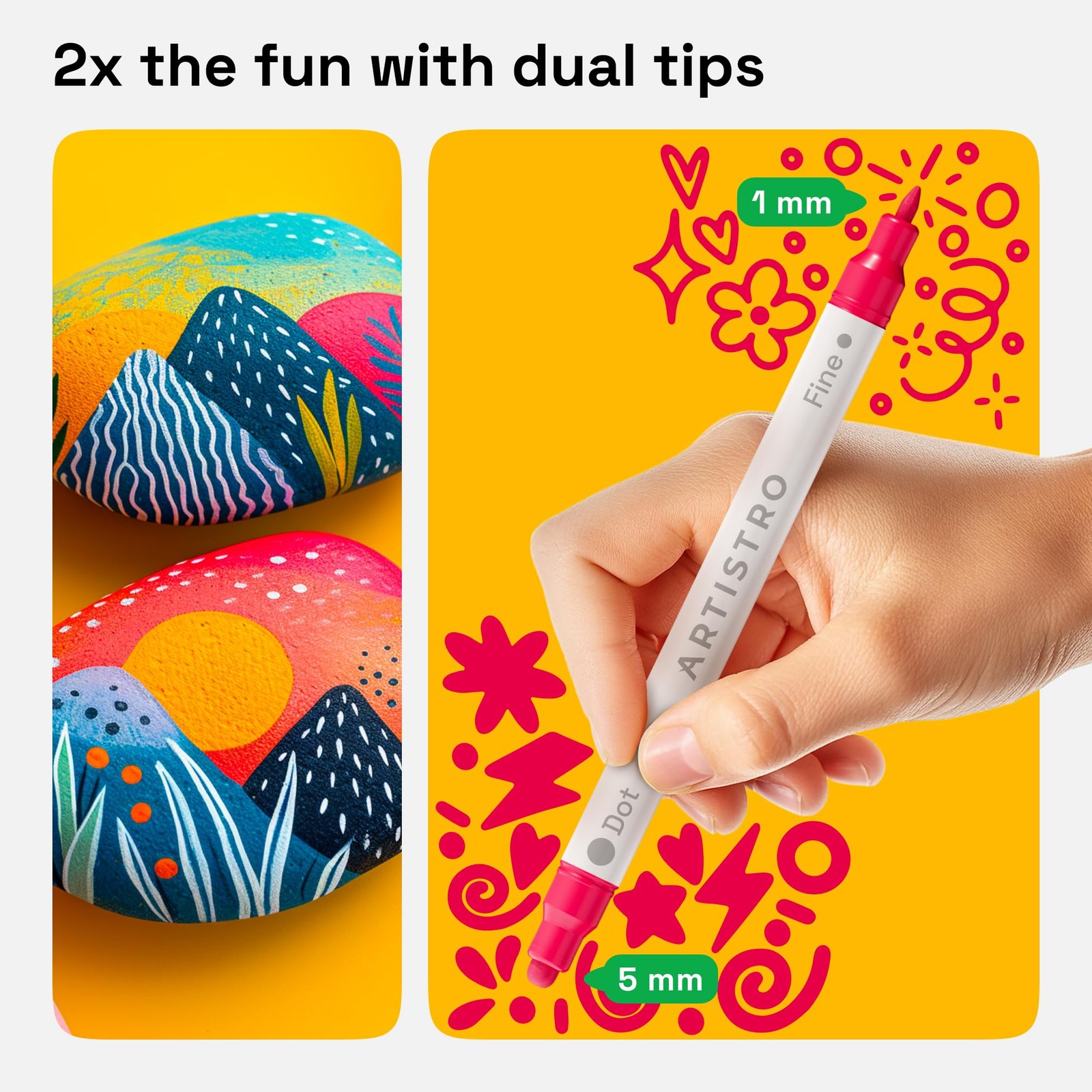 ARTISTRO 12 Acrylic Paint Markers for Rock, Fabric, Wood, Glass, Eggs – Dual-Tip