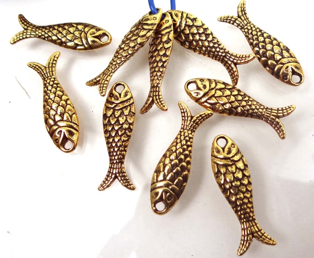 10 Antique Tibetan Style Gold Pewter Fish Bead Charms 24x7mm