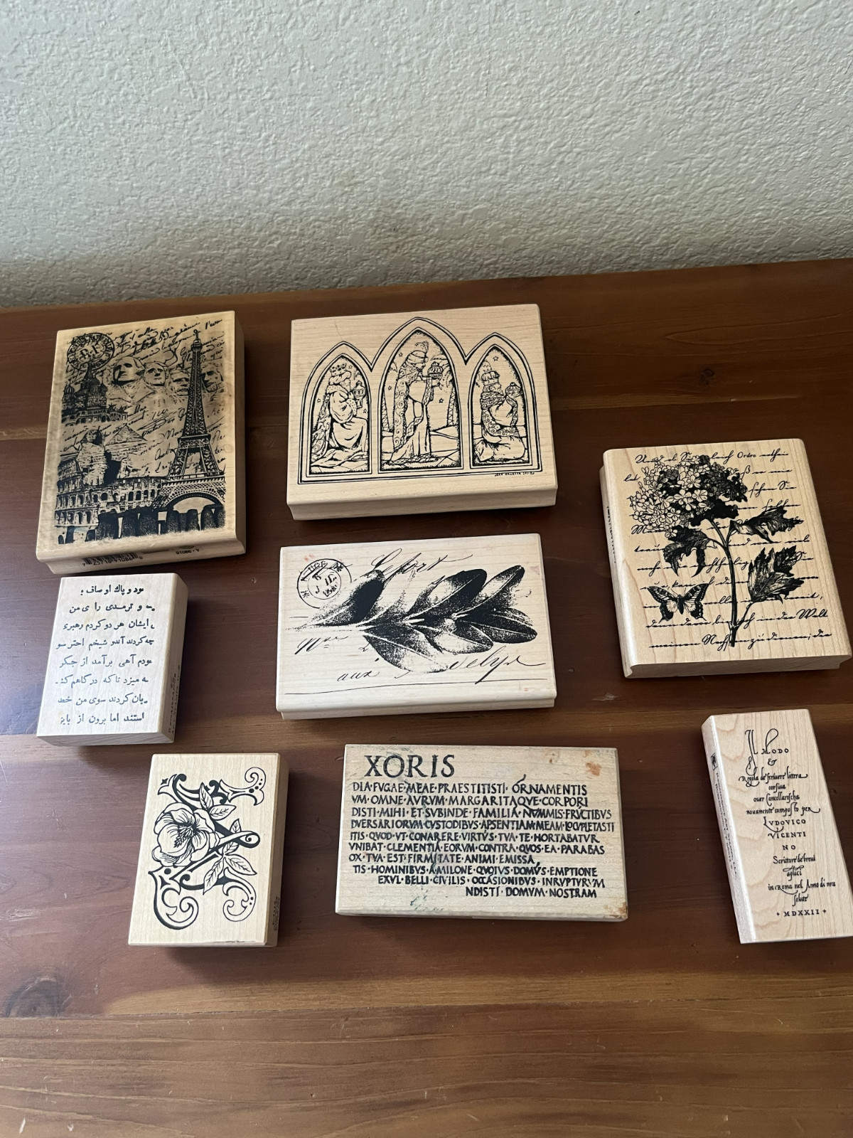 EIGHT Script, Botanical, Christmas Wood Rubber Stamps 1″ – 4″ Post Modern Style