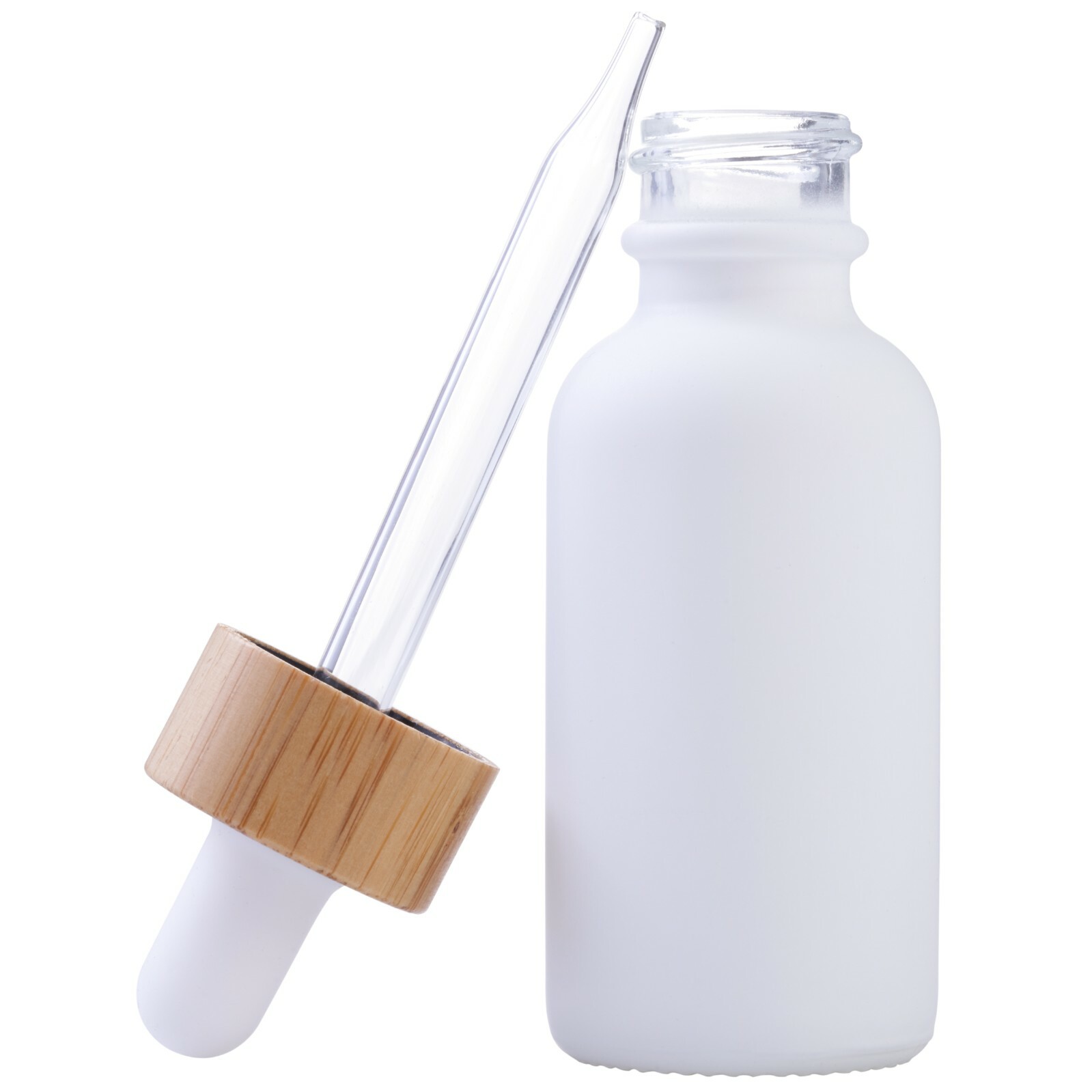 Clear Frosted Boston Round Glass bottles White Bamboo Cap 1 oz / 30 ml 12 Pack