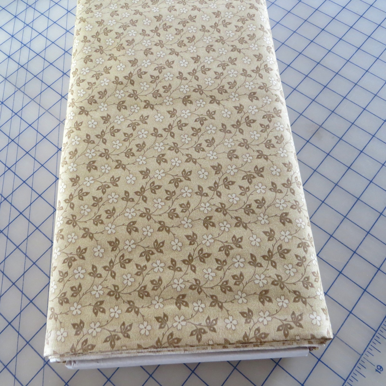 Yard, Tiny Tan Leaves & Flowers on Tan Cotton $3.99 Ships Any Amount Of Fabric.