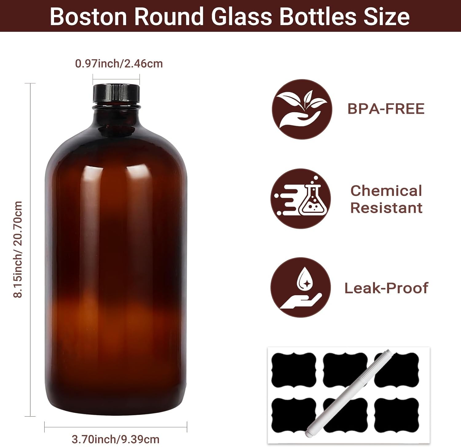 2 Pack 32 oz Amber Glass Boston Bottles,Glass Brewing Bottles for Lab | with Phe