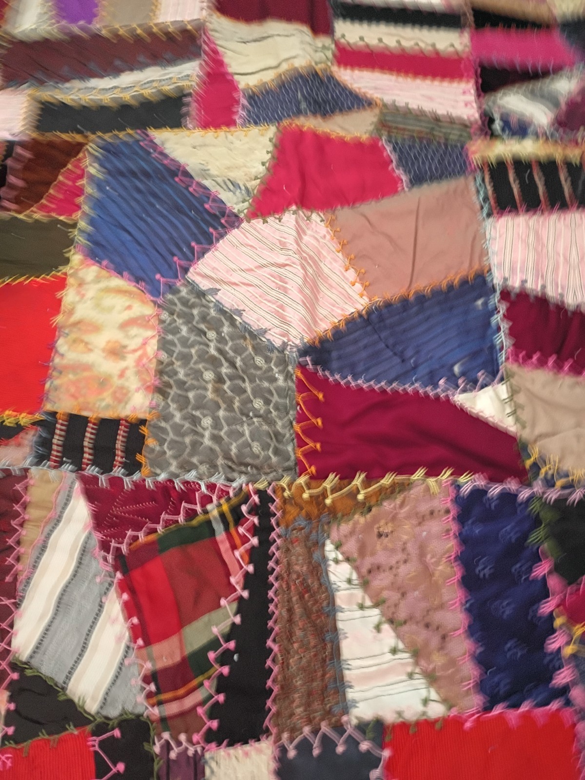 Crazy Quilt Throw Art Heirloom Fabric Abstract Embroidery Skillfully Made