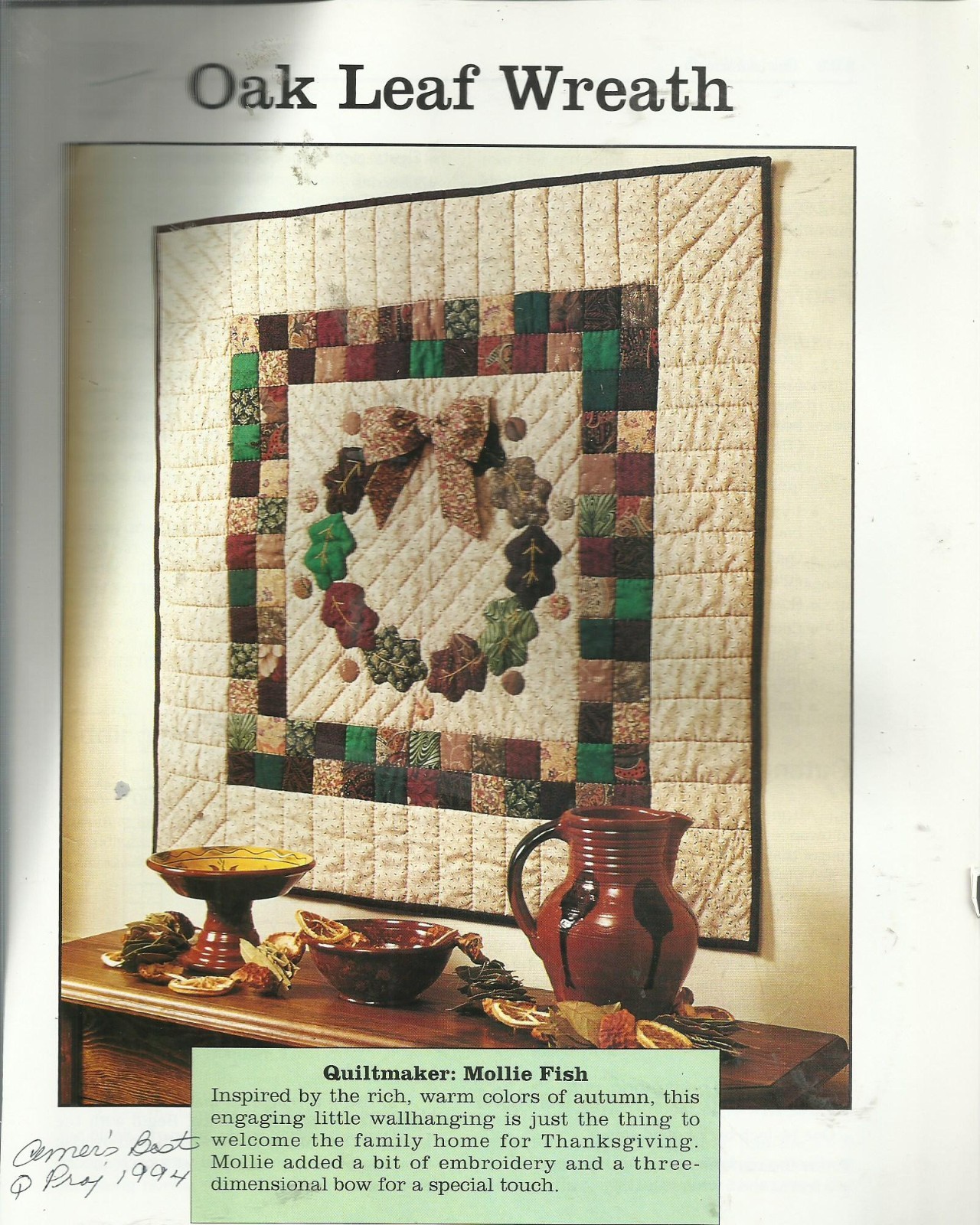 G0016 OAK LEAF WREATH WALLHANGING QUILT PATTERN/INSTRUCTIONS